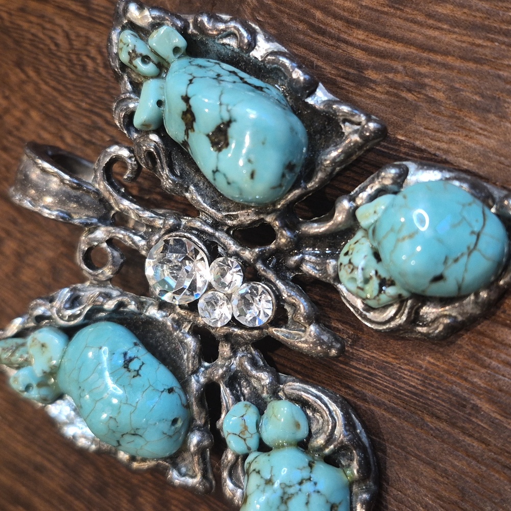 Vtg Turquoise & Rhinestone Embellished Silver Tone Butterfly Necklace Pendant - Picture 3 of 9